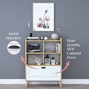 LAWA FURNITURE Modern Bookcase with Storage Cabinet, 4 Cube Bookshelf Cabinet with Legs, Short Wood Bookshelf for Bedroom, Living Room, Kids Room, Office or Kitchen