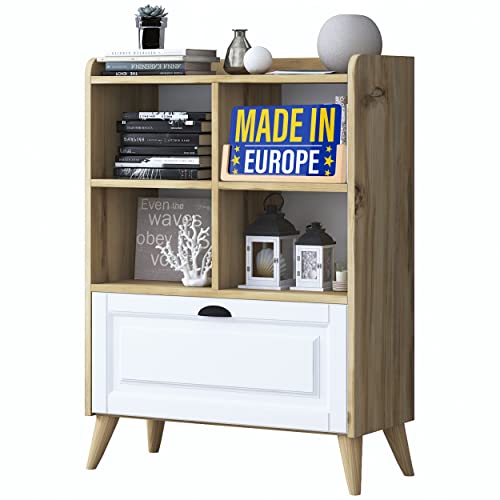 LAWA FURNITURE Modern Bookcase with Storage Cabinet, 4 Cube Bookshelf Cabinet with Legs, Short Wood Bookshelf for Bedroom, Living Room, Kids Room, Office or Kitchen