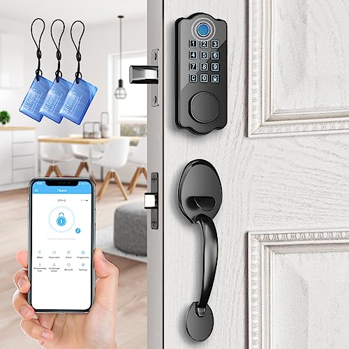 Front Door Lock Set, ADIUIVE Fingerprint Keyless Entry Door Lock with Handle, Smart Locks for Front Door, Electronic Keypad Door Lock Work with App Control Auto Lock（Keypad+Fingerprint+Key+IC+APP）