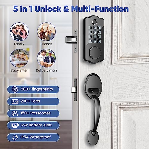 Front Door Lock Set, ADIUIVE Fingerprint Keyless Entry Door Lock with Handle, Smart Locks for Front Door, Electronic Keypad Door Lock Work with App Control Auto Lock（Keypad+Fingerprint+Key+IC+APP）