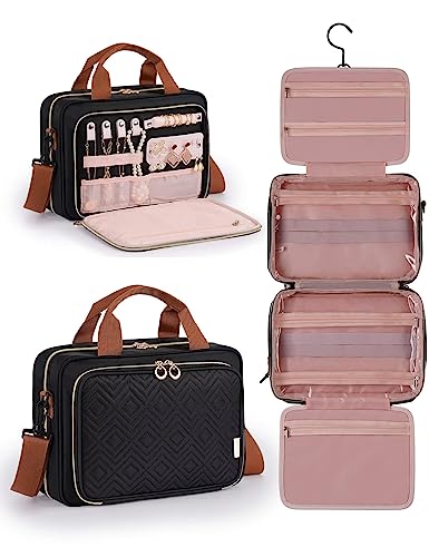 heouvo Hanging Travel Toiletry Bag for Women with Jewelry Organizer, Large Toiletry Bag with Shoulder Strap/Trolley Belt for Full Sized Toiletries and Cosmetics Shampoo Makeup (Black)