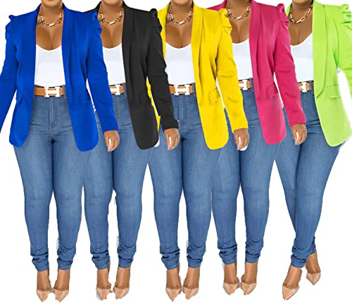 Womens Casual Blazers Open Front Puff Long Sleeve Lapel Work Office Blazers Bussiness Jackets Suit Coat Yellow XX-Large