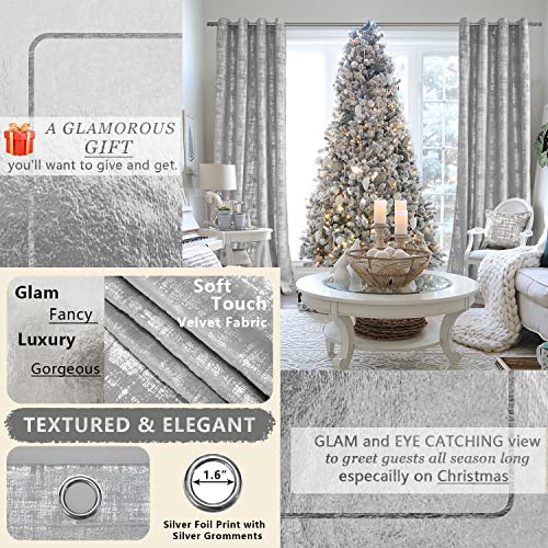 SHINELAND Extra Long Velvet Curtains 108 Inches Long for Living Room 2 Panels Grommet Grand Design 60% Blackout Pattern Curtains for Bedroom Luxury Bling Bathroom Door Doorway,Light Silver Grey