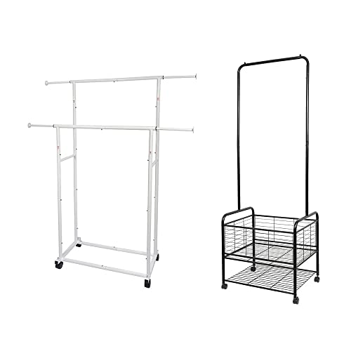 Fishat Simple Double Rod Garment Rack & Laundry Hamper Butler Cart Basket