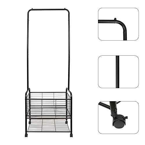 Fishat Simple Double Rod Garment Rack & Laundry Hamper Butler Cart Basket