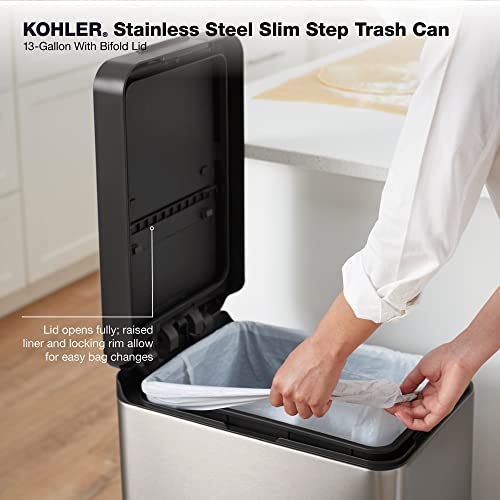 KOHLER 23826-ST 13 Gallon Elongated Hands-Free Step Can, Trash Can with Soft-Close and Foot Pedal, Quiet Close Lid, Stainless Steel