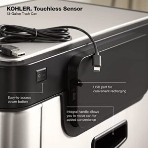 KOHLER 23825-STW 13-Gallon SensorCan, Kitchen Trash Can with Sensor-Activated Lid, Touchless Trash Can with Quiet Close Lid, Stainless Steel and White