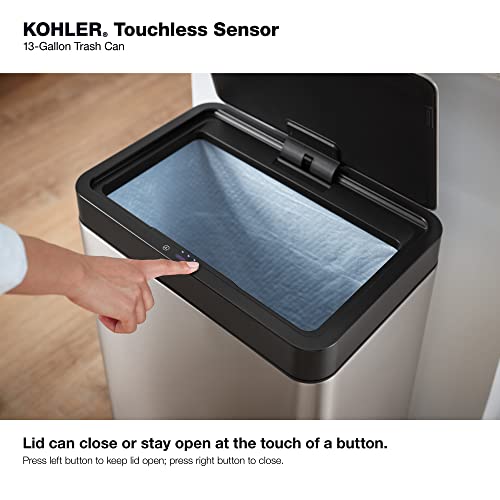 KOHLER 23825-STW 13-Gallon SensorCan, Kitchen Trash Can with Sensor-Activated Lid, Touchless Trash Can with Quiet Close Lid, Stainless Steel and White