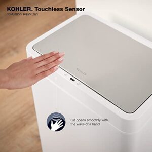 KOHLER 23825-STW 13-Gallon SensorCan, Kitchen Trash Can with Sensor-Activated Lid, Touchless Trash Can with Quiet Close Lid, Stainless Steel and White