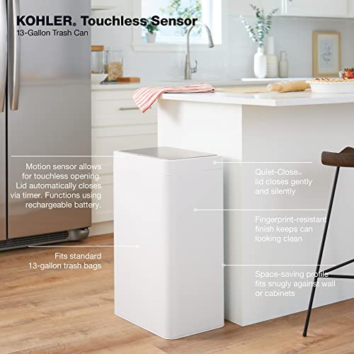 KOHLER 23825-STW 13-Gallon SensorCan, Kitchen Trash Can with Sensor-Activated Lid, Touchless Trash Can with Quiet Close Lid, Stainless Steel and White