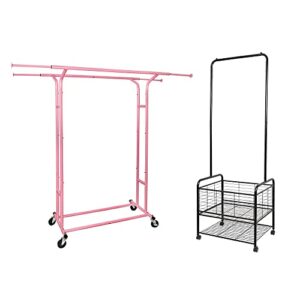 fishat pink heavy duty double rod garment rack & laundry hamper butler cart basket