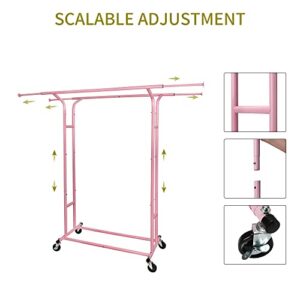 Fishat Pink Heavy Duty Double Rod Garment Rack & Laundry Hamper Butler Cart Basket