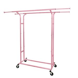 Fishat Pink Heavy Duty Double Rod Garment Rack & Laundry Hamper Butler Cart Basket