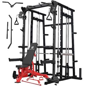 major lutie smith machine with weight bench, sml07 1600lbs power cage with weight bar and two lat pull-down systems and cable crossover machine, exercise machine attachment black (2023 upgrade)