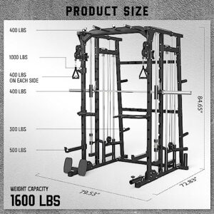 MAJOR LUTIE Smith Machine with Weight Bench, SML07 1600lbs Power Cage with Weight Bar and Two LAT Pull-Down Systems and Cable Crossover Machine, Exercise Machine Attachment Black (2023 Upgrade)