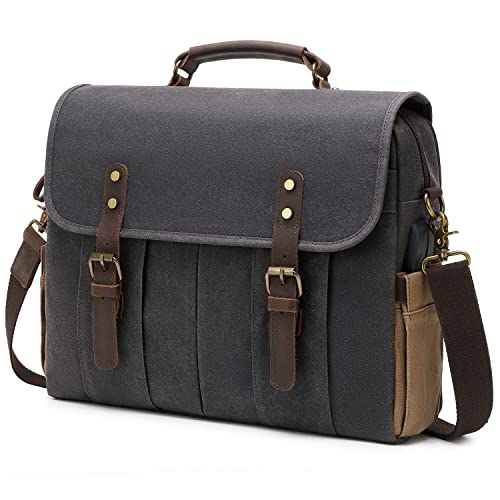 BOVIP 15.6 inches Vintage Mens Messenger Bag Water Resistant Genuine Leather Canvas Satchel Shoulder Bag Briefcase Laptop Bag with USB Charging,Headset Port,Dark Gray