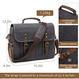 BOVIP 15.6 inches Vintage Mens Messenger Bag Water Resistant Genuine Leather Canvas Satchel Shoulder Bag Briefcase Laptop Bag with USB Charging,Headset Port,Dark Gray