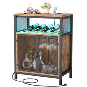 unikito wine bar cabinet with rgb light and outlet, freestanding wine rack table, liquor cabinet with glass holder, floor bar cabinet for liquor and glasses for home kitchen dining room, rustic brown