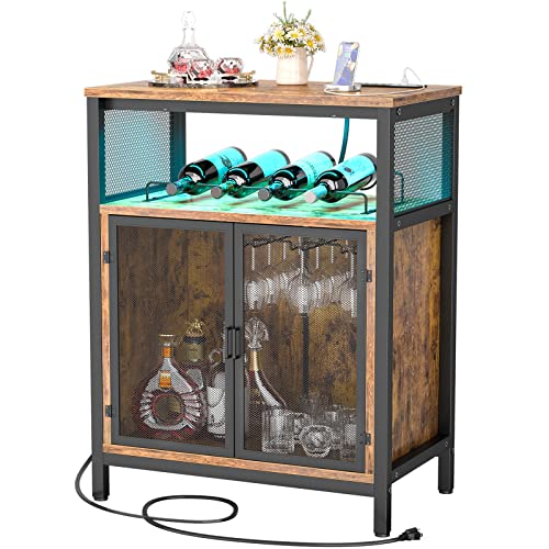 Unikito Wine Bar Cabinet with RGB Light and Outlet, FreeStanding Wine Rack Table, Liquor Cabinet with Glass Holder, Floor Bar Cabinet for Liquor and Glasses for Home Kitchen Dining Room, Rustic Brown