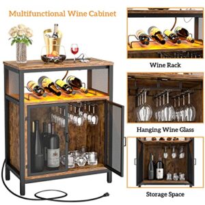 Unikito Wine Bar Cabinet with RGB Light and Outlet, FreeStanding Wine Rack Table, Liquor Cabinet with Glass Holder, Floor Bar Cabinet for Liquor and Glasses for Home Kitchen Dining Room, Rustic Brown