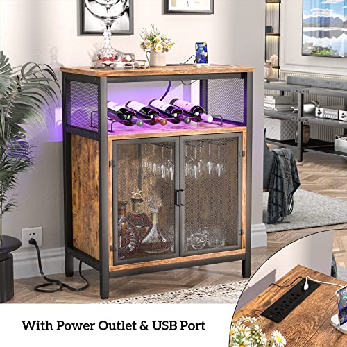 Unikito Wine Bar Cabinet with RGB Light and Outlet, FreeStanding Wine Rack Table, Liquor Cabinet with Glass Holder, Floor Bar Cabinet for Liquor and Glasses for Home Kitchen Dining Room, Rustic Brown