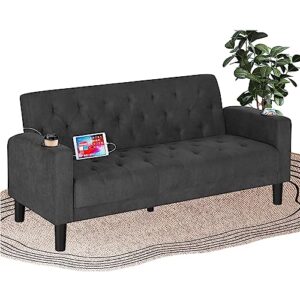 vamepole sofa couch, 62" small loveseat couches w/2 usb charger ports & 2 cup holders for living room furniture, tufted upholstered comfortable love seat, small couches for small spaces (dark grey)
