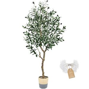 kayfia artificial olive tree 4.3ft tall fake tree silk with rope woven basket free snowflake light strip and olive branches tall faux plants for modern office living room entryway home decor indoor