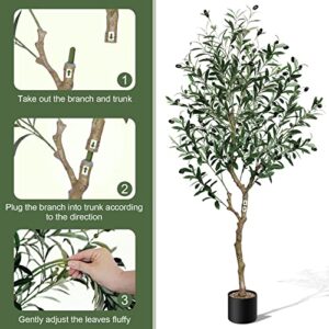 Kayfia Artificial Olive Tree 4.3FT Tall Fake Tree Silk with Rope Woven Basket Free Snowflake Light Strip and Olive Branches Tall Faux Plants for Modern Office Living Room Entryway Home Decor Indoor