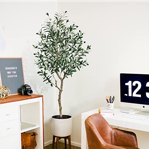 Kayfia Artificial Olive Tree 4.3FT Tall Fake Tree Silk with Rope Woven Basket Free Snowflake Light Strip and Olive Branches Tall Faux Plants for Modern Office Living Room Entryway Home Decor Indoor