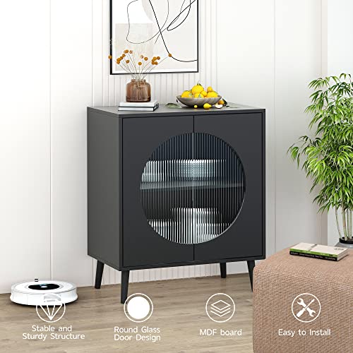 QHITTY Glass Sideboard Buffet Cabinet, Simple Accent Kitchen Storage Cabinet Modern Console Table TV Stand with Adjustable Shelves for Living Room, Dining Room, Bedroom (Black)