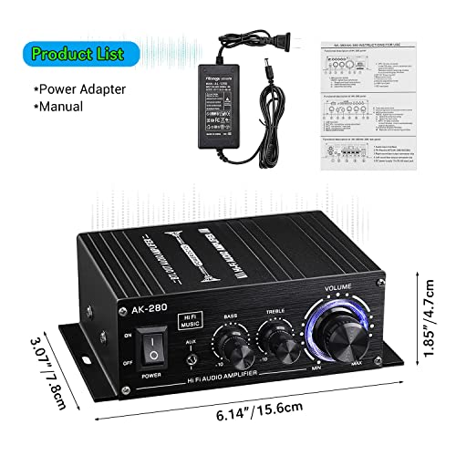 Facmogu AK280 200W+200W Mini 2.0 CH Audio Power Amplifier, 2.0 CH Receiver Speaker Amp with 12V 5A Power Supply, Bass & Treble Control Music Player Sound Amplifier for Car Home Garage