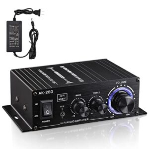 facmogu ak280 200w+200w mini 2.0 ch audio power amplifier, 2.0 ch receiver speaker amp with 12v 5a power supply, bass & treble control music player sound amplifier for car home garage