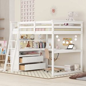 meritline full size loft bed with desk and shelves, wooden loft bed full with storage drawers for kids teens boys girls,no box spring needed (full, white)