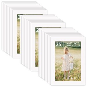 zbeivan 5x7 white picture mats for 4x6 pictures 25 packs, acid-free white core bevel cut frame mattes for photos, prints, drawings, or artworks