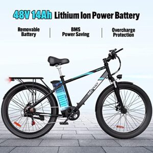 HITWAY Electric Bike for Adults, 750W/48V/14Ah Ebike with Removable Battery, 20MPH/35-75Miles Bicycle 26'×3.0 Fat Tire, Mountain E Men Women, Shimano 7-Speed Transmission, IP54, BLACK, (BK3M)