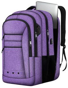 lckpeng large backpack, travel laptop backpack with usb charging port, travel backpack with 17.3 inch laptop compartment for women, business travel computer flight approved carry on backpack, purple