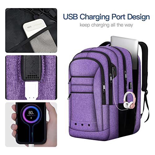 LCKPENG Large Backpack, Travel Laptop Backpack with USB Charging Port, Travel Backpack with 17.3 Inch Laptop Compartment for Women, Business Travel Computer Flight Approved Carry on Backpack, Purple
