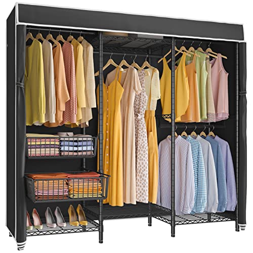 VIPEK V10C Medium Heavy Duty Covered Clothes Rack Portable Bedroom Armoires Closet Rack with Slid Basket, Black Clothing Rack with Black Cover, Adjustable Freestanding Closet Wardrobe, Max Load 750LBS