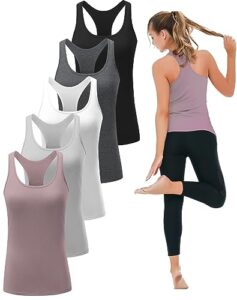 telaleo 5 pack workout tank tops for women, athletic racerback sports tank tops, compression sleeveless dry fit shirts black/grey/white/light grey/purple m/02