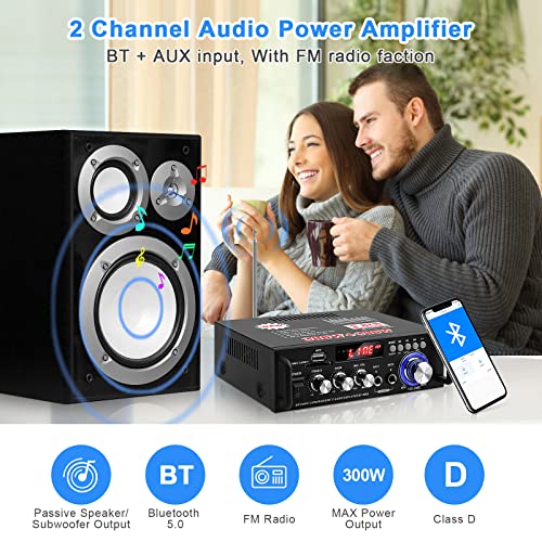 HiFi Bluetooth Audio Amplifier 298A Mini Stereo Amp RMS 40W Max 300W 2.0 Channel Audio Power Amplifier Receiver w/USB FM Mic for Home, Car Speakers System(US Plug)