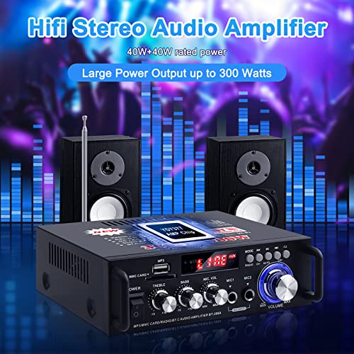 HiFi Bluetooth Audio Amplifier 298A Mini Stereo Amp RMS 40W Max 300W 2.0 Channel Audio Power Amplifier Receiver w/USB FM Mic for Home, Car Speakers System(US Plug)