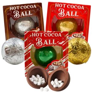 hot chocolate melting balls assorted variety with salted caramel, peppermint, and classic flavors, bulk cocoa with mini marshmallows inside, cute candy stocking stuffers party favor pack of 3