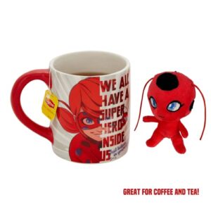 Miraculous Ladybug Mug with Plush Mini Toy, 12 oz. Ceramic Tea or Coffee Cup Gift 