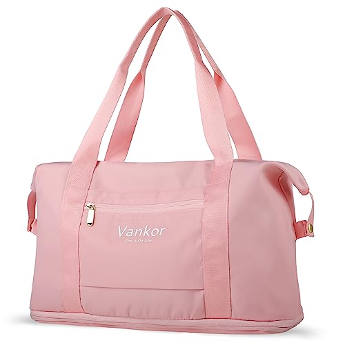 Travel Duffle Bag, Sports Tote Gym Bag, Weekender Bag, Expandable Waterproof Carry on Bag with Trolley Sleeve Wet Pocket Overnight Bags for Women - Pink