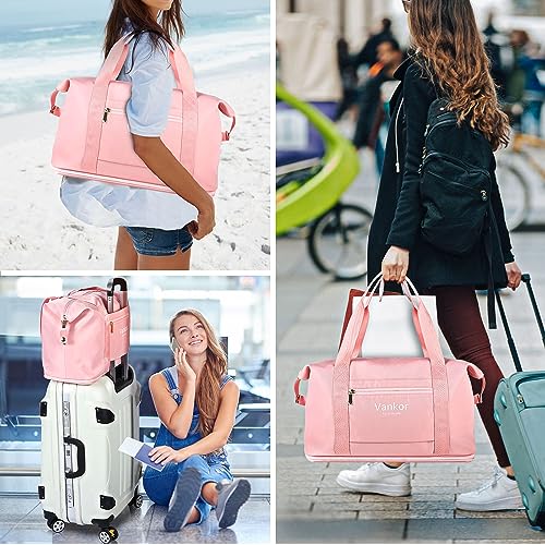 Travel Duffle Bag, Sports Tote Gym Bag, Weekender Bag, Expandable Waterproof Carry on Bag with Trolley Sleeve Wet Pocket Overnight Bags for Women - Pink