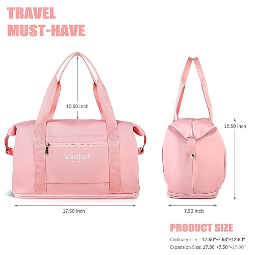 Travel Duffle Bag, Sports Tote Gym Bag, Weekender Bag, Expandable Waterproof Carry on Bag with Trolley Sleeve Wet Pocket Overnight Bags for Women - Pink