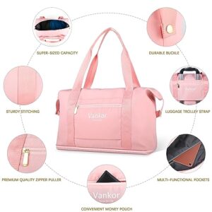 Travel Duffle Bag, Sports Tote Gym Bag, Weekender Bag, Expandable Waterproof Carry on Bag with Trolley Sleeve Wet Pocket Overnight Bags for Women - Pink