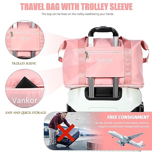 Travel Duffle Bag, Sports Tote Gym Bag, Weekender Bag, Expandable Waterproof Carry on Bag with Trolley Sleeve Wet Pocket Overnight Bags for Women - Pink