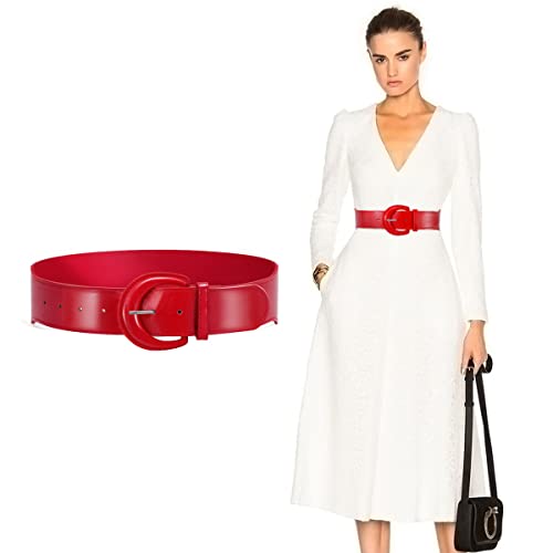 SUOSDEY Women Wide Patent Cinch Leather Belt, Fashion Vintage Costume Waist Belt for Dresses,red belt