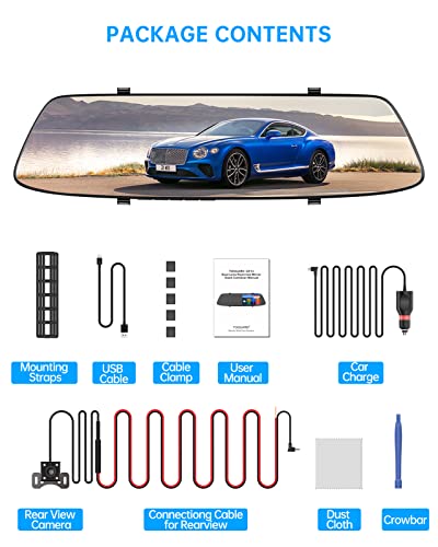 1080P Mirror Dash Cam 4.3in Touch Screen, Front and Dash Waterproof Backup Camera Rear View Camera, Parking Assistance, Loop Recording, G-Sensor, Monitor, Free 64GB Memory Card